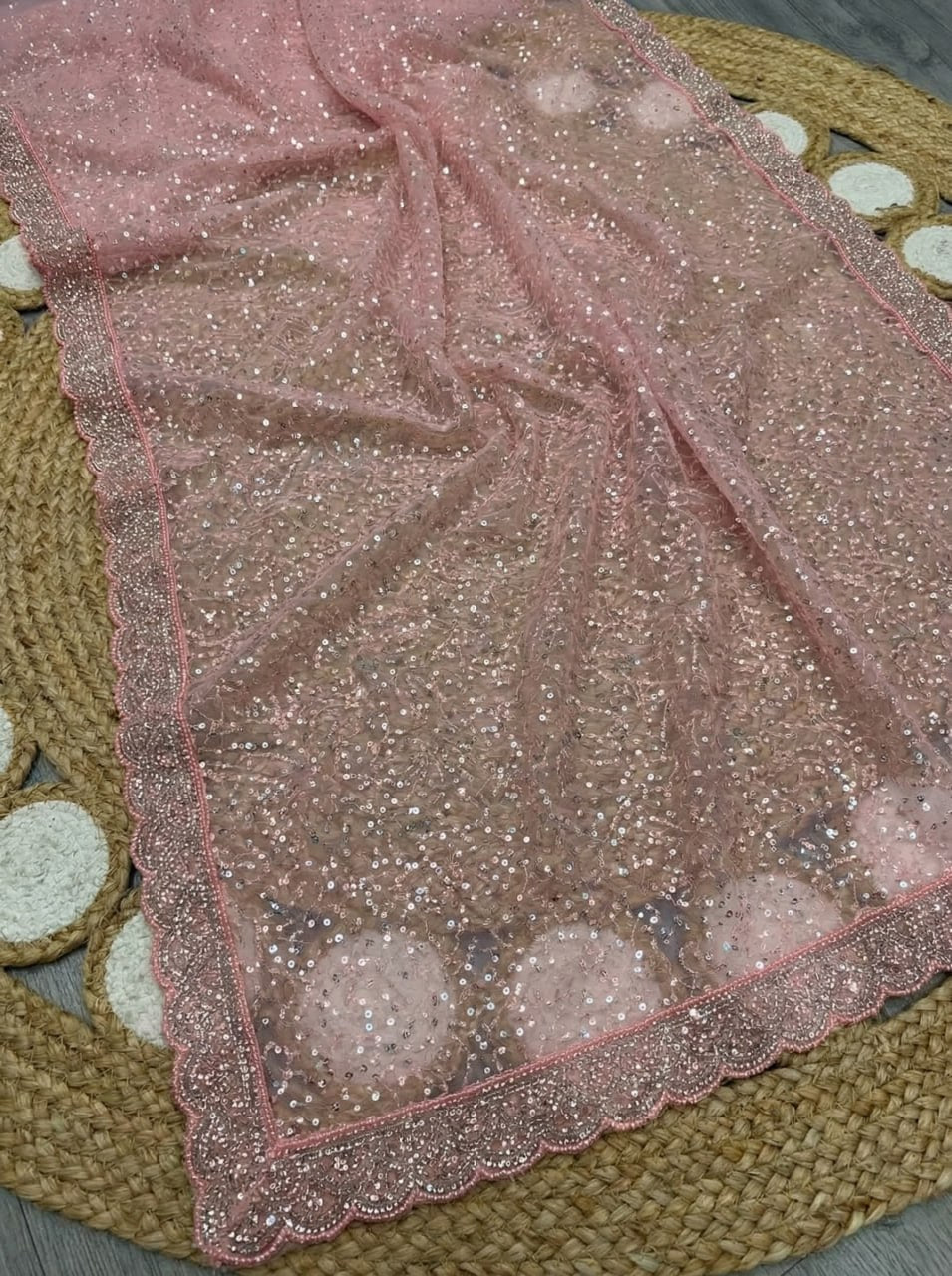 Elegant Pure Soft Net Saree with Original Beads Work &amp; Designer Cutwork Border - LIGHT PINK