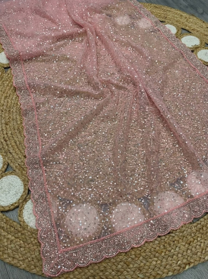 Elegant Pure Soft Net Saree with Original Beads Work &amp; Designer Cutwork Border - LIGHT PINK