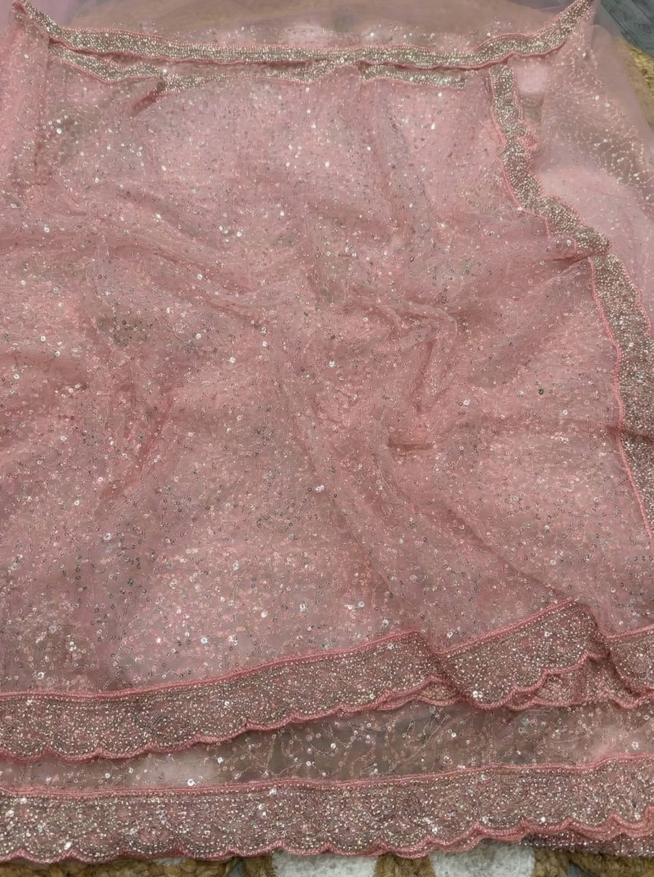 Elegant Pure Soft Net Saree with Original Beads Work &amp; Designer Cutwork Border - LIGHT PINK