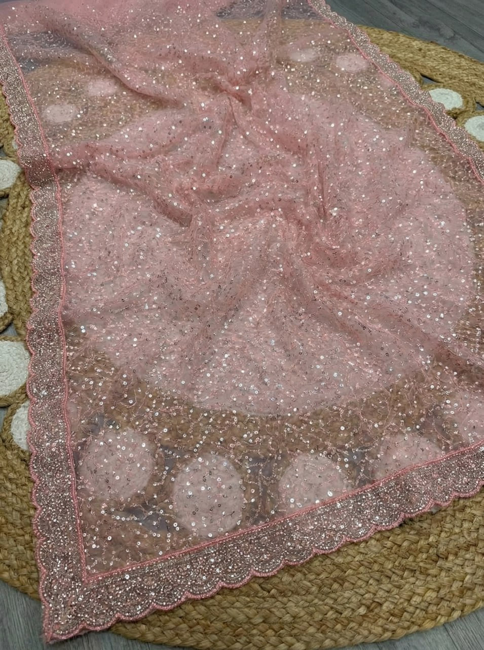 Elegant Pure Soft Net Saree with Original Beads Work &amp; Designer Cutwork Border - LIGHT PINK