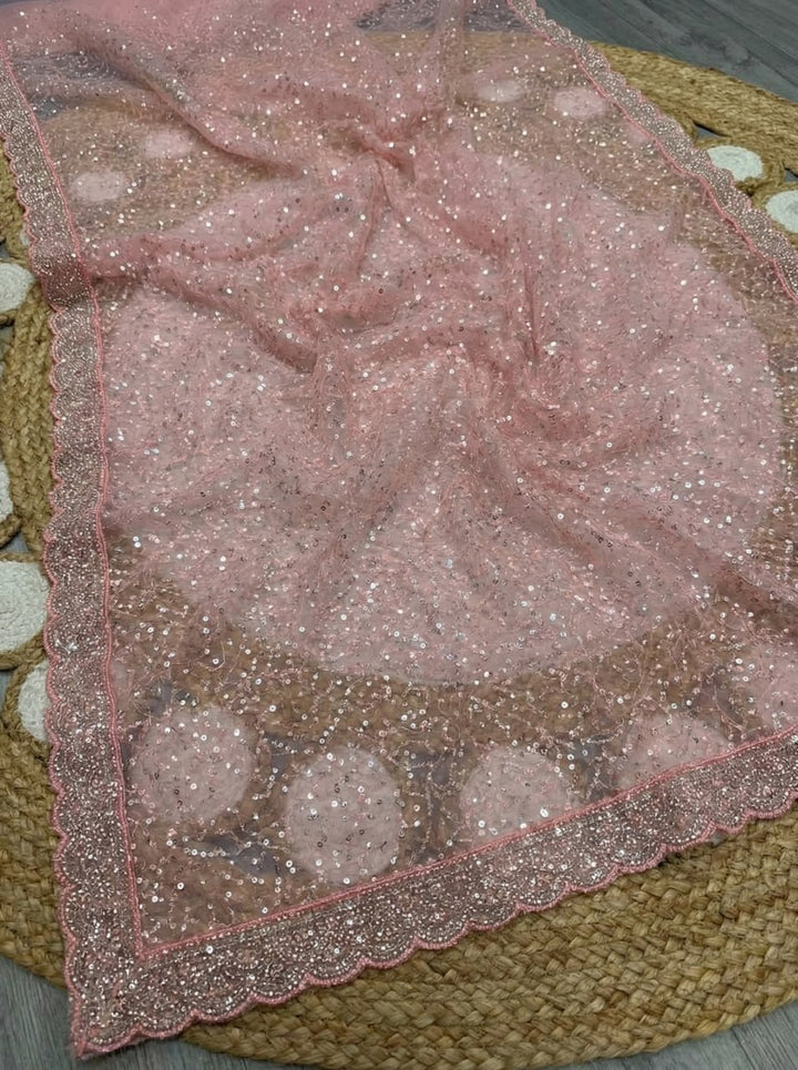 Elegant Pure Soft Net Saree with Original Beads Work &amp; Designer Cutwork Border - LIGHT PINK