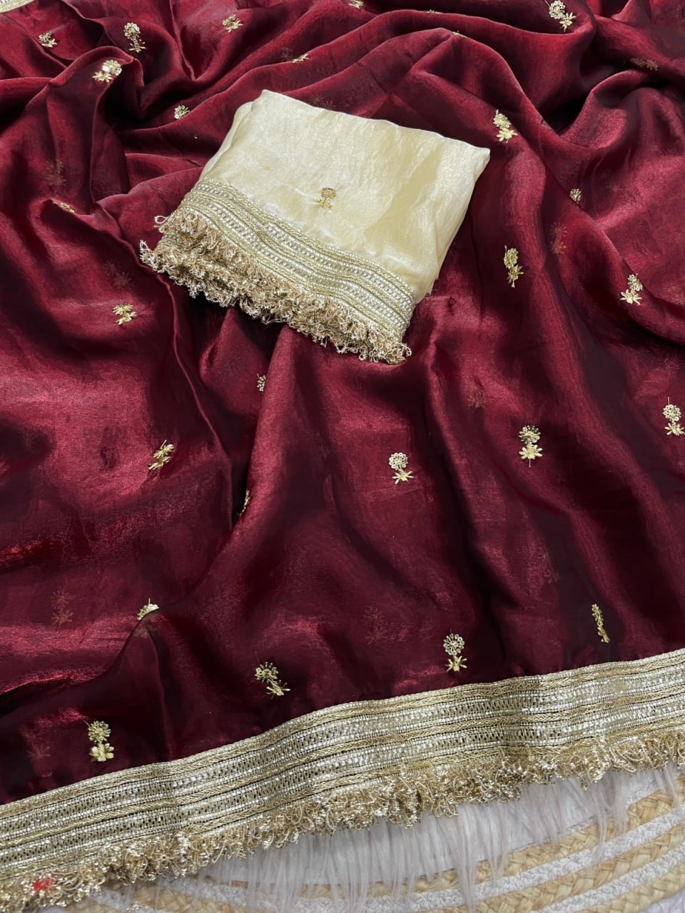 Elegant Fandy Satin Saree with Sequins Butti &amp; Designer Lace Border – MAROON