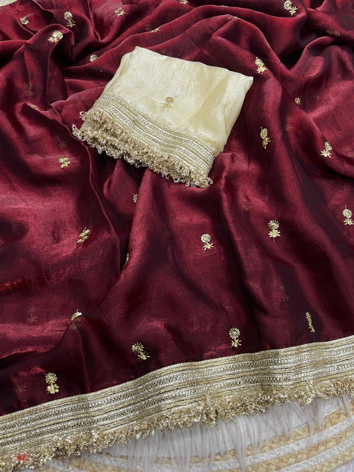 Elegant Fandy Satin Saree with Sequins Butti &amp; Designer Lace Border – MAROON