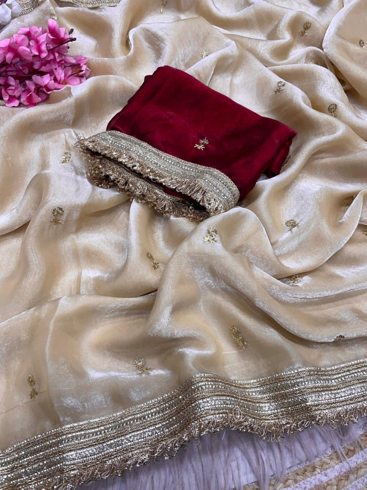 Elegant Fandy Satin Saree with Sequins Butti &amp; Designer Lace Border – OFF WHITE