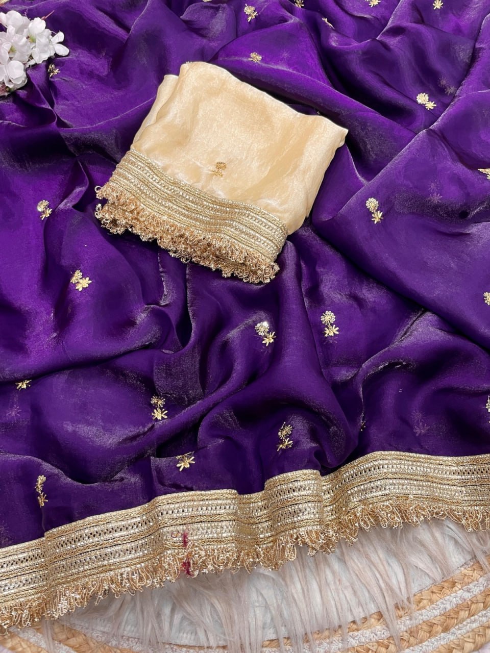 Elegant Fandy Satin Saree with Sequins Butti &amp; Designer Lace Border –  DARK PURPLE