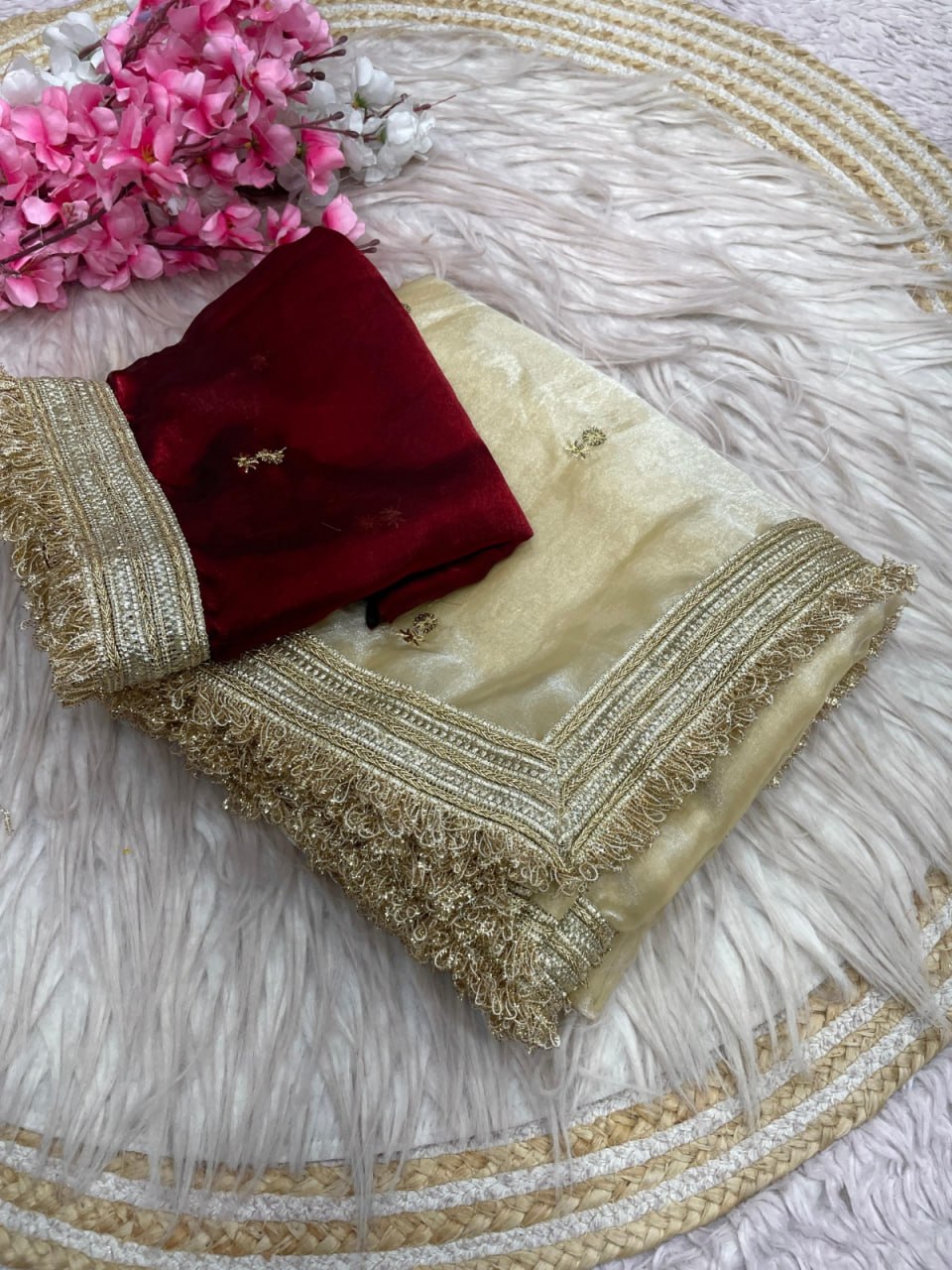 Elegant Fandy Satin Saree with Sequins Butti &amp; Designer Lace Border – OFF WHITE