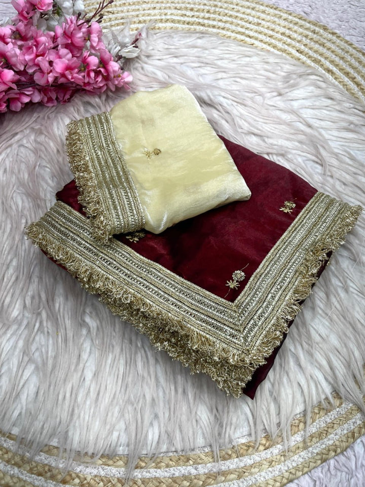 Elegant Fandy Satin Saree with Sequins Butti &amp; Designer Lace Border – MAROON