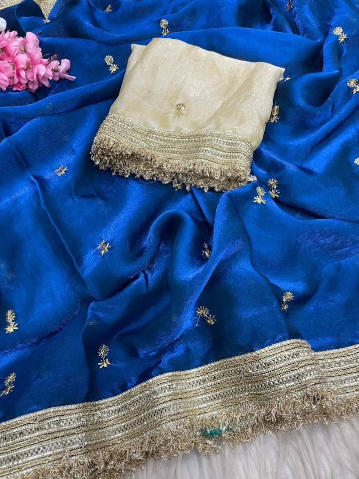 Elegant Fandy Satin Saree with Sequins Butti &amp; Designer Lace Border – BLUE
