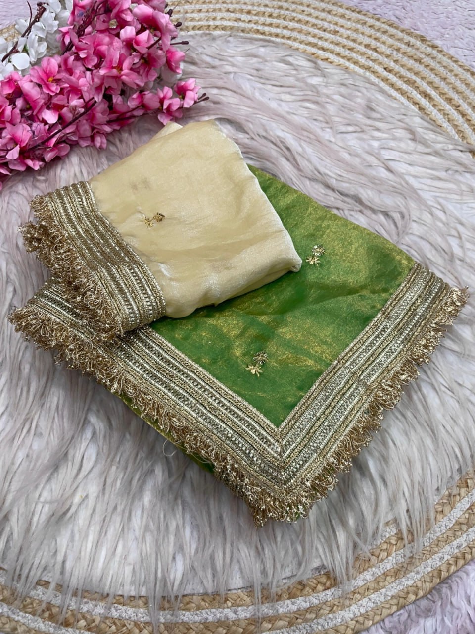Elegant Fandy Satin Saree with Sequins Butti &amp; Designer Lace Border – PARROT