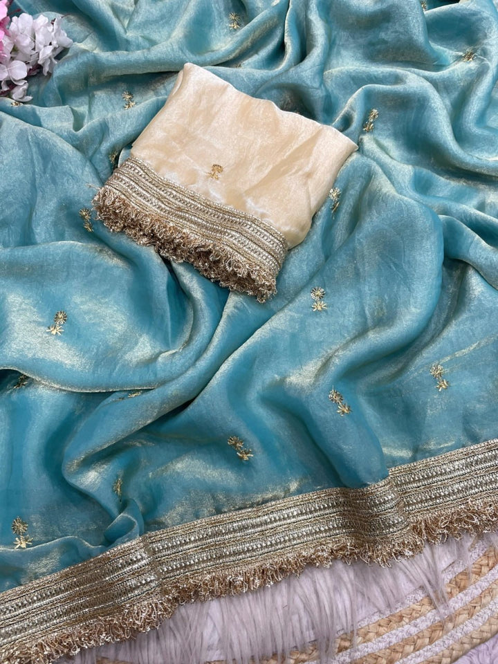 Elegant Fandy Satin Saree with Sequins Butti &amp; Designer Lace Border – SKY BLUE
