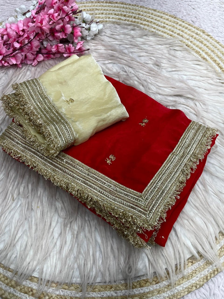 Elegant Fandy Satin Saree with Sequins Butti &amp; Designer Lace Border – RED