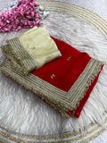 Elegant Fandy Satin Saree with Sequins Butti & Designer Lace Border – RED