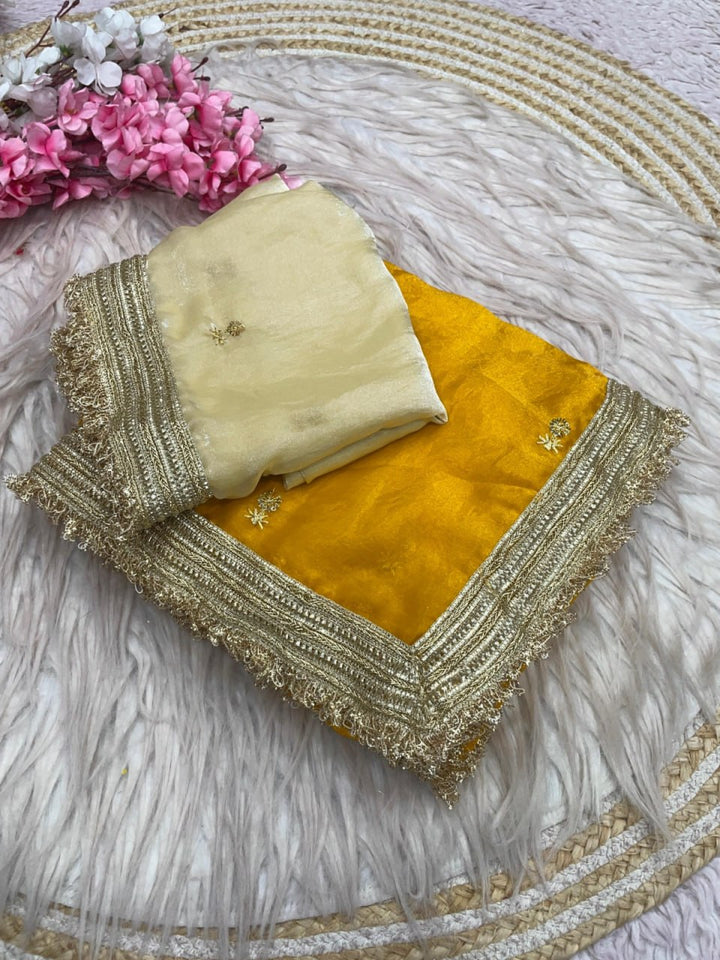Elegant Fandy Satin Saree with Sequins Butti &amp; Designer Lace Border – YELLOW