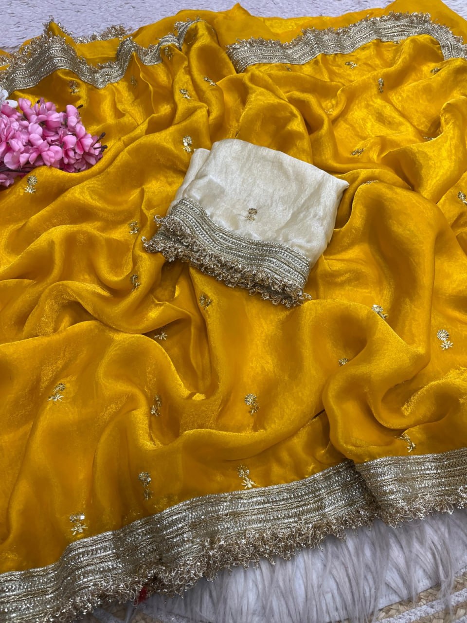 Elegant Fandy Satin Saree with Sequins Butti &amp; Designer Lace Border – YELLOW