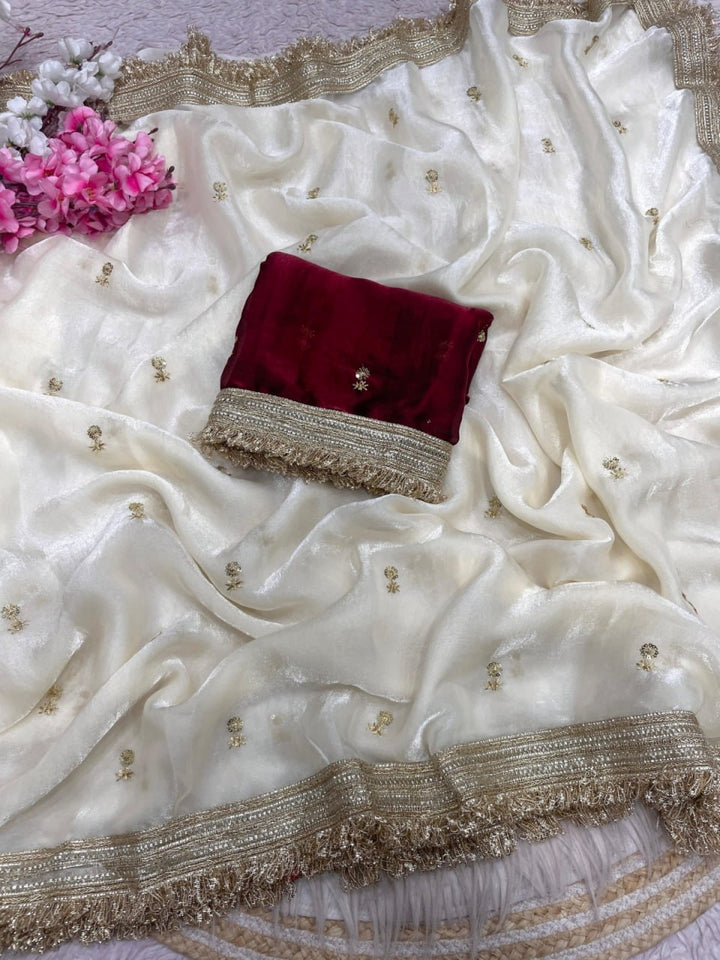 Elegant Fandy Satin Saree with Sequins Butti &amp; Designer Lace Border – WHITE