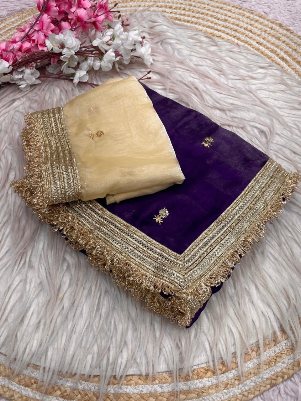Elegant Fandy Satin Saree with Sequins Butti &amp; Designer Lace Border –  DARK PURPLE