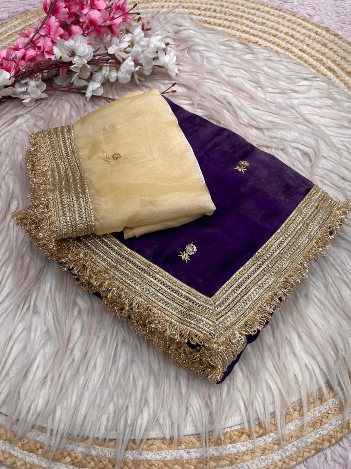 Elegant Fandy Satin Saree with Sequins Butti &amp; Designer Lace Border –  DARK PURPLE
