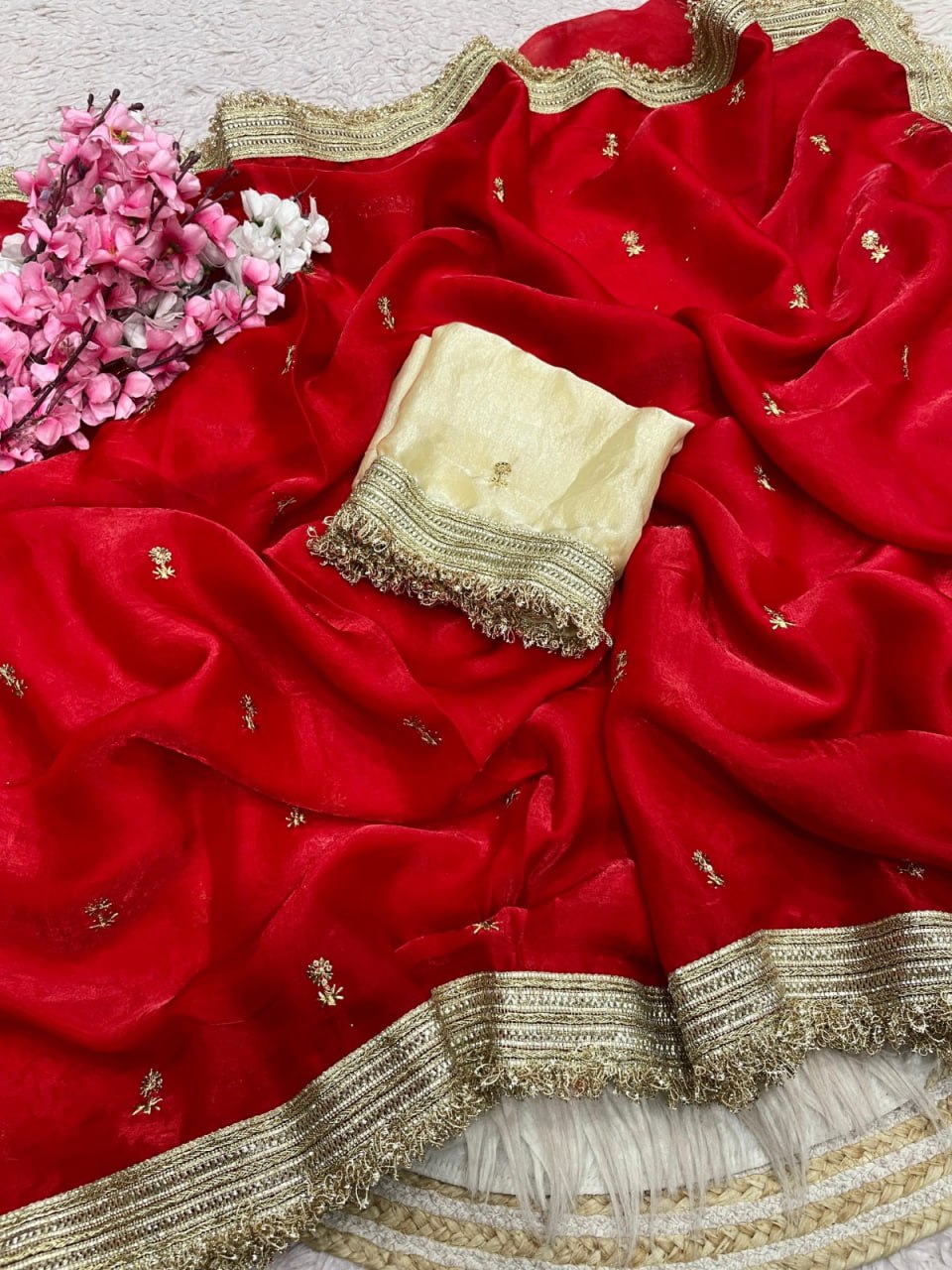 Elegant Fandy Satin Saree with Sequins Butti &amp; Designer Lace Border – RED