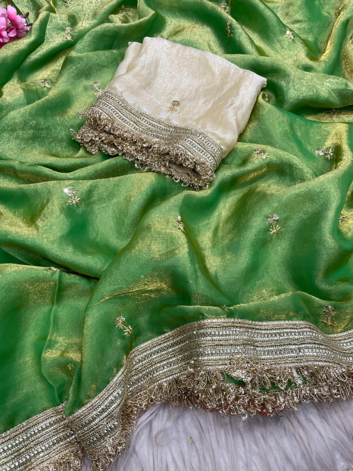 Elegant Fandy Satin Saree with Sequins Butti &amp; Designer Lace Border – PARROT