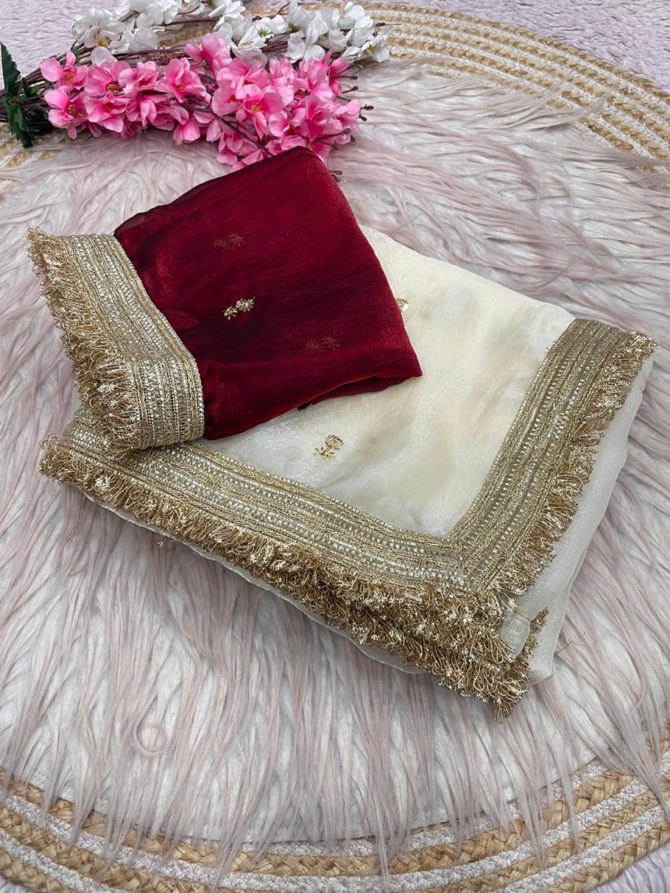 Elegant Fandy Satin Saree with Sequins Butti &amp; Designer Lace Border – WHITE