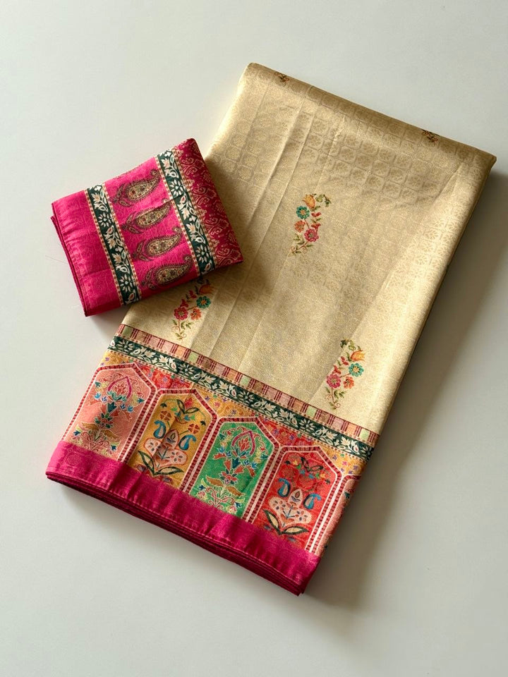 Rajwada Digital Print Saree - PINK &amp; CREAM