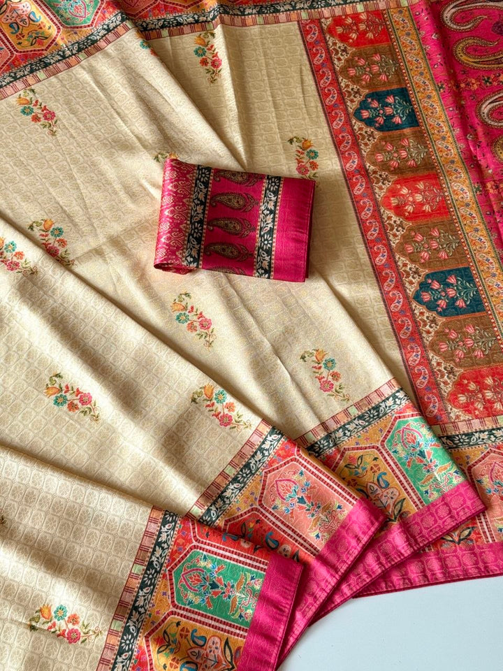 Rajwada Digital Print Saree - PINK &amp; CREAM