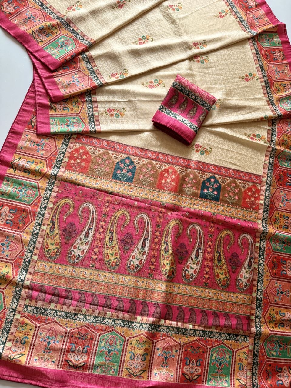 Rajwada Digital Print Saree - PINK &amp; CREAM