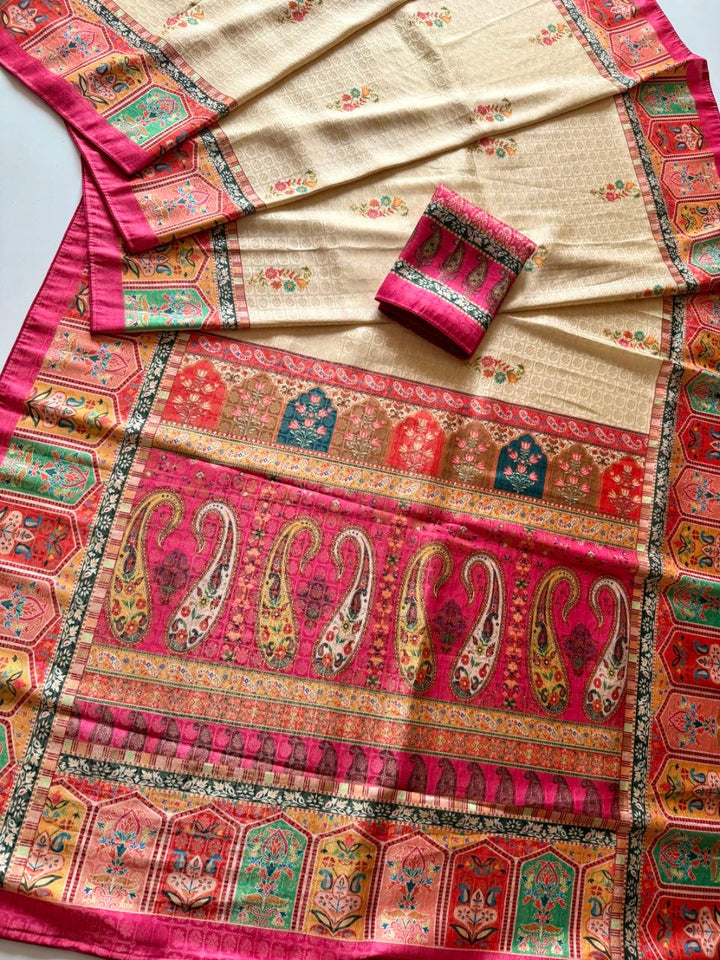 Rajwada Digital Print Saree - PINK &amp; CREAM