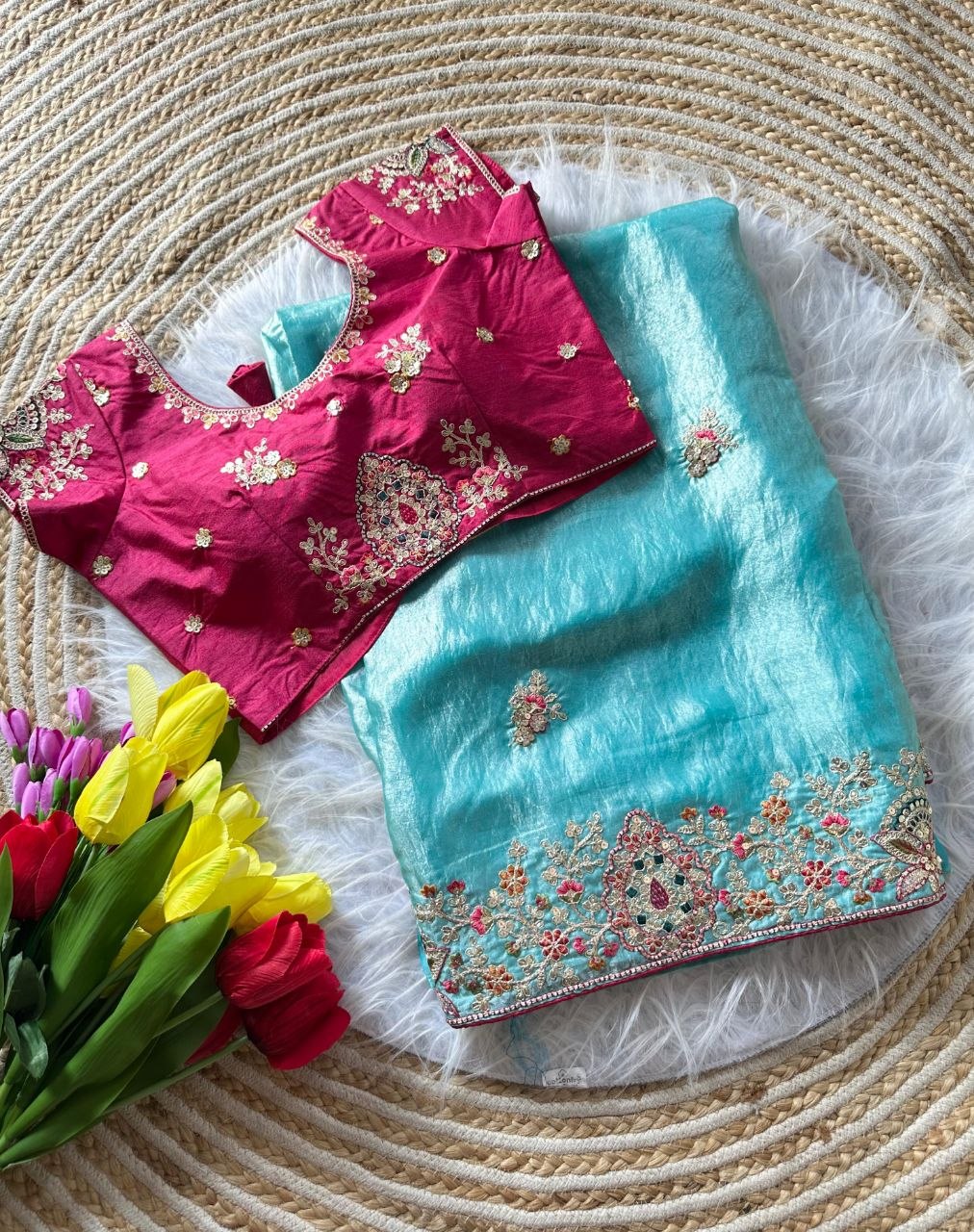 Royal Golden Fandy Silk Saree - SKY