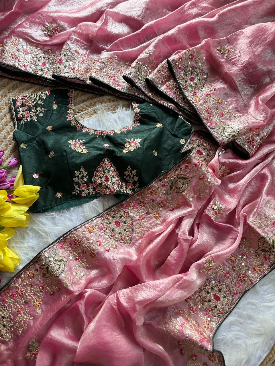 Royal Golden Fandy Silk Saree - LIGHT PINK
