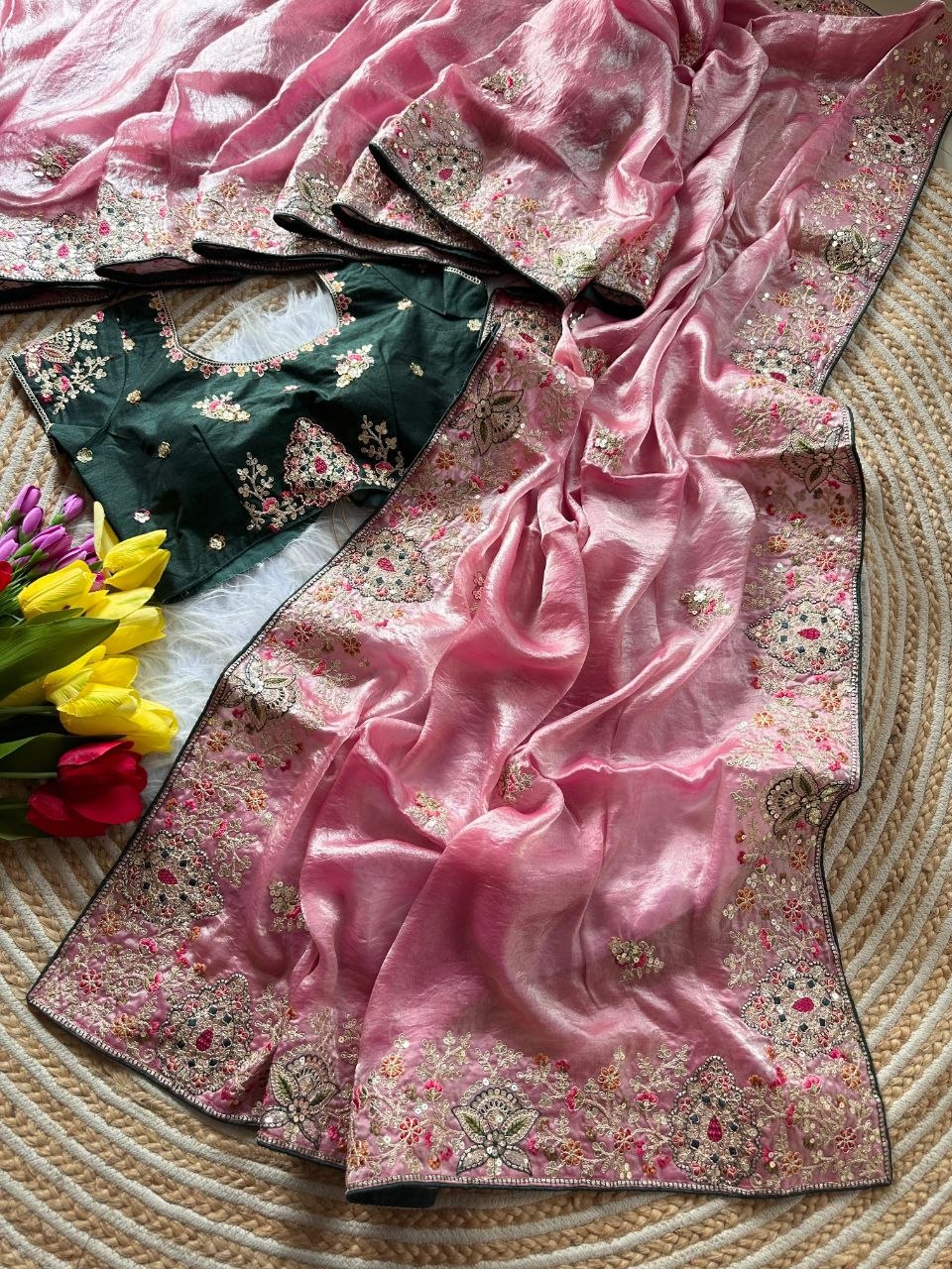 Royal Golden Fandy Silk Saree - LIGHT PINK