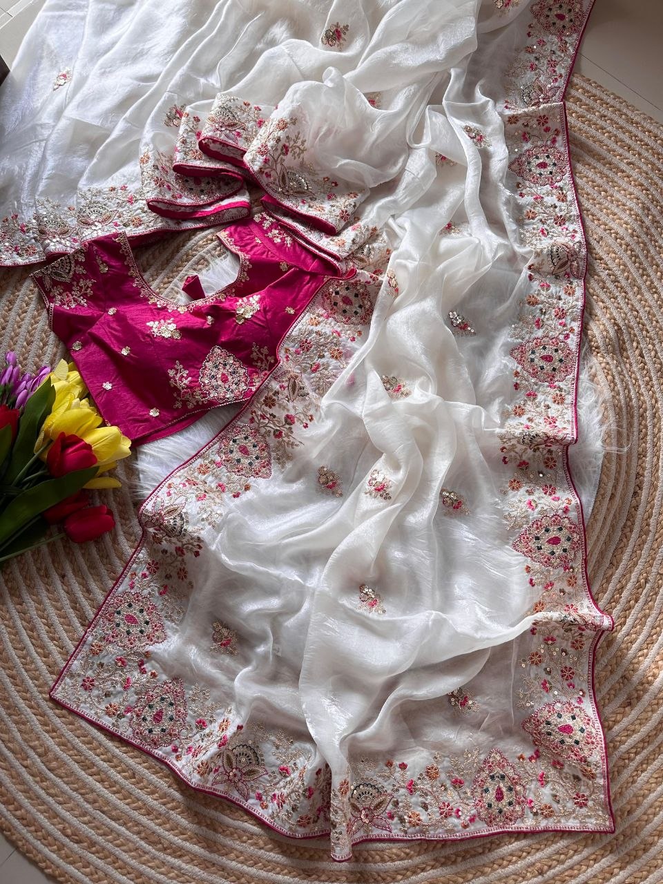 Royal Golden Fandy Silk Saree - WHITE