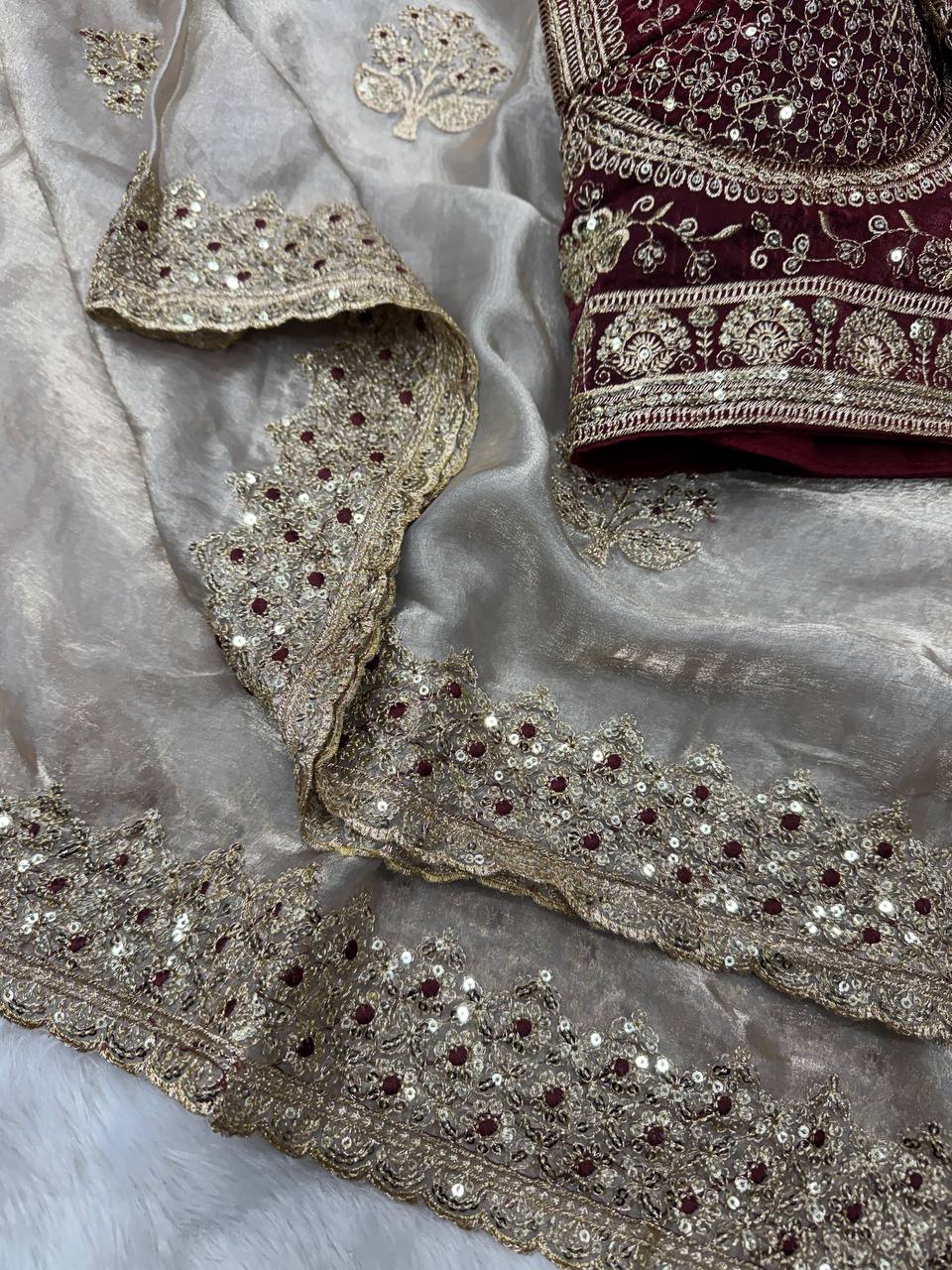 Zarmina Royale Satin Saree- Off white