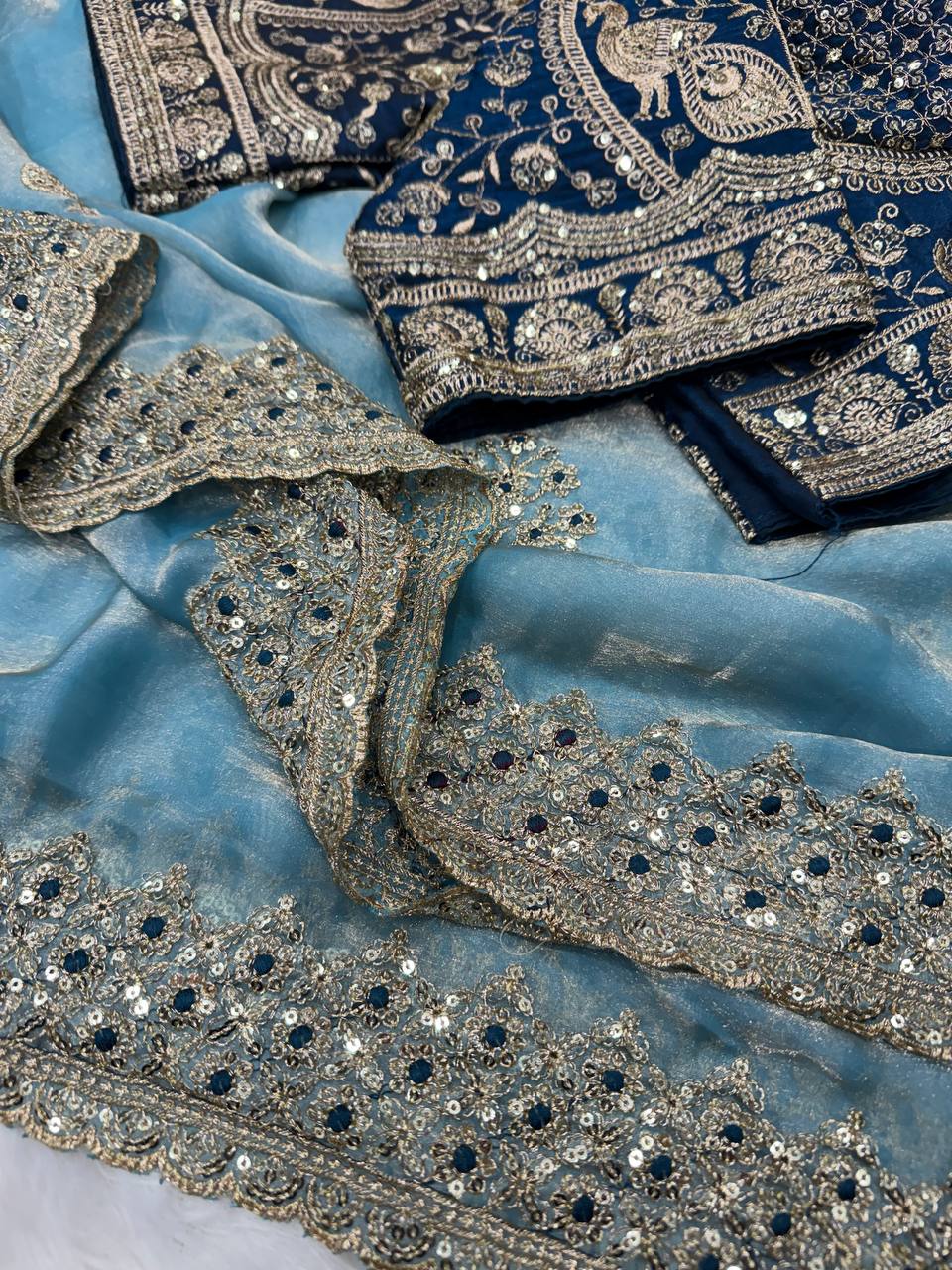 Zarmina Royale Satin Saree- Sky blue