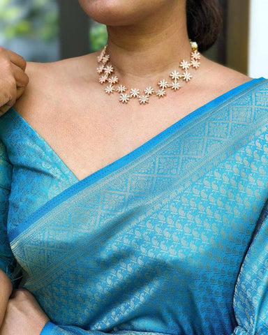 Sky Blue Color Banarasi Litchi Silk Saree With Blouse Piece