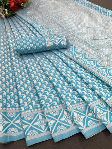 Sky Blue Color Banarasi Litchi Silk Saree With Blouse Piece