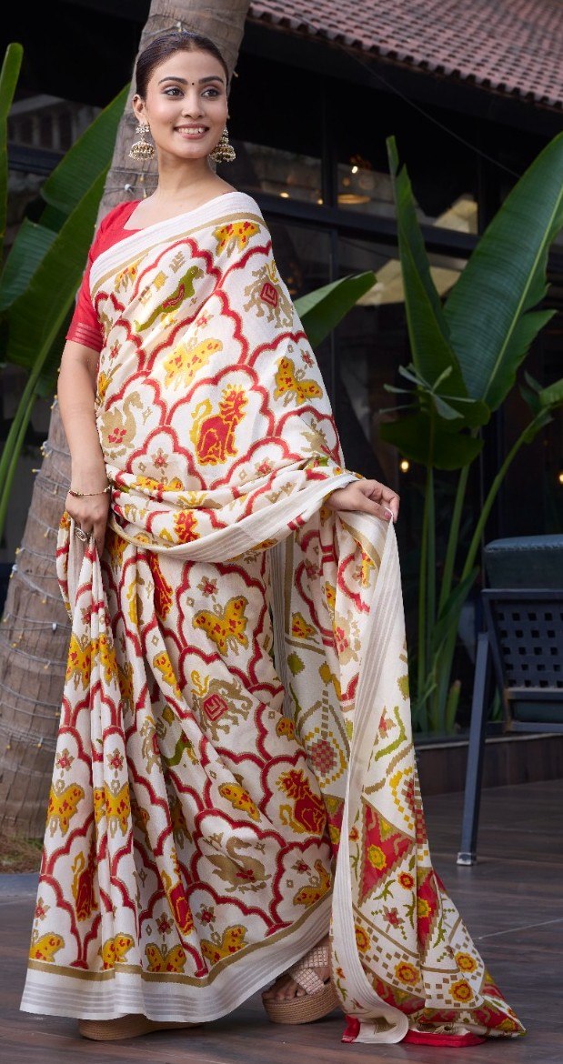 Elegance Premium Soft Tusser Floral Printed Designer Saree with Rich Heavy Weaving Border &amp; Contrast Blouse Piece - OFF WHITE