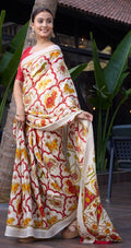 Elegance Premium Soft Tusser Floral Printed Designer Saree with Rich Heavy Weaving Border & Contrast Blouse Piece - OFF WHITE