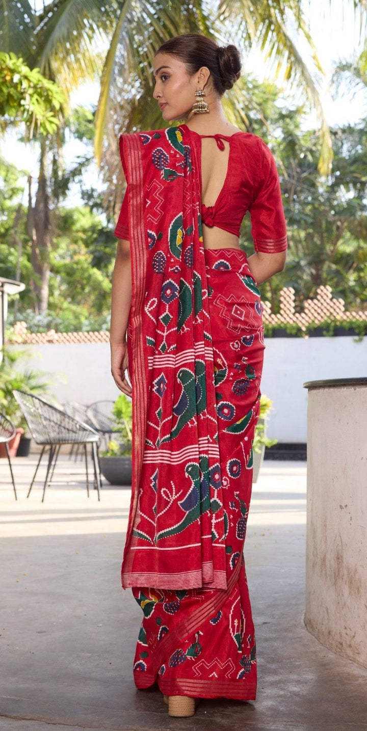 Elegance Premium Soft Tusser Floral Printed Designer Saree with Rich Heavy Weaving Border &amp; Contrast Blouse Piece - RED