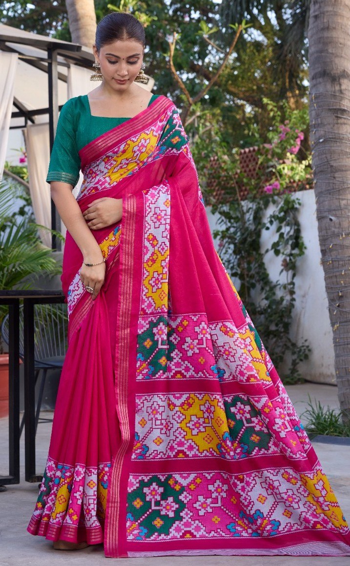 Elegance Premium Soft Tusser Floral Printed Designer Saree with Rich Heavy Weaving Border &amp; Contrast Blouse Piece - PINK