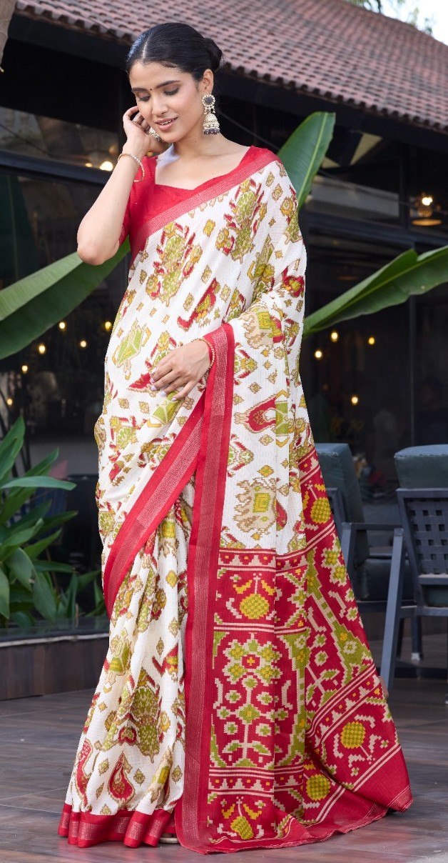 Elegance Premium Soft Tusser Floral Printed Designer Saree with Rich Heavy Weaving Border &amp; Contrast Blouse Piece - OFF WHITE