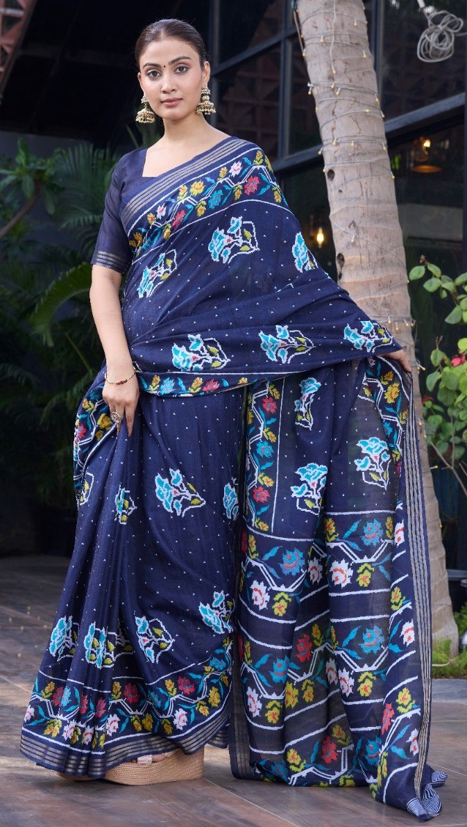 Elegance Premium Soft Tusser Floral Printed Designer Saree with Rich Heavy Weaving Border &amp; Contrast Blouse Piece - BLUE