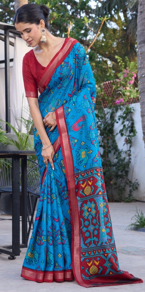 Elegance Premium Soft Tusser Floral Printed Designer Saree with Rich Heavy Weaving Border &amp; Contrast Blouse Piece - SKY