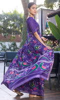 Elegance Premium Soft Tusser Floral Printed Designer Saree with Rich Heavy Weaving Border & Contrast Blouse Piece -PURPLE