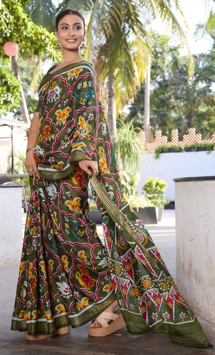 Elegance Premium Soft Tusser Floral Printed Designer Saree with Rich Heavy Weaving Border &amp; Contrast Blouse Piece -GREEN
