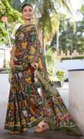 Elegance Premium Soft Tusser Floral Printed Designer Saree with Rich Heavy Weaving Border & Contrast Blouse Piece -GREEN