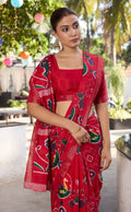 Elegance Premium Soft Tusser Floral Printed Designer Saree with Rich Heavy Weaving Border & Contrast Blouse Piece - RED