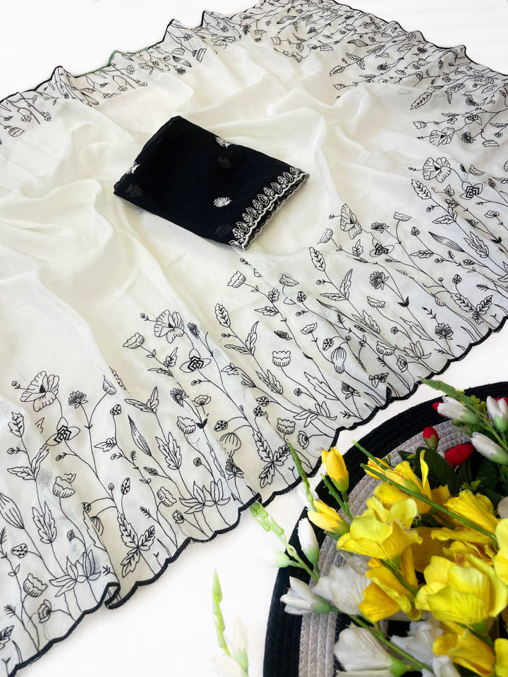 Floral Grace Premium Crunchy Fabric Saree With Rich Thread Embroidery &amp; Designer Pallu