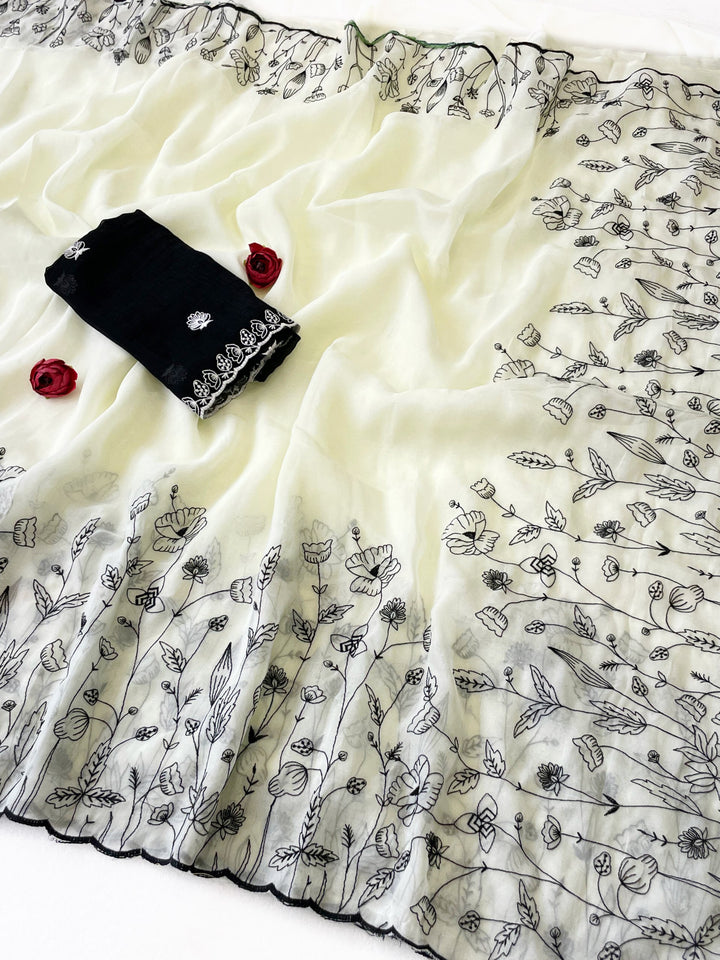 Floral Grace Premium Crunchy Fabric Saree With Rich Thread Embroidery &amp; Designer Pallu