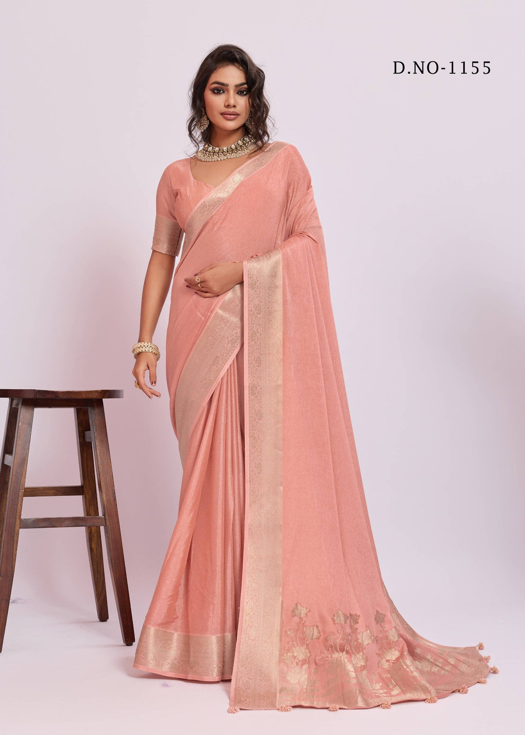 Royal Weaving Chinno Fabric Saree With Floral Pallu &amp; Rich Heavy Border -PEACH PINK